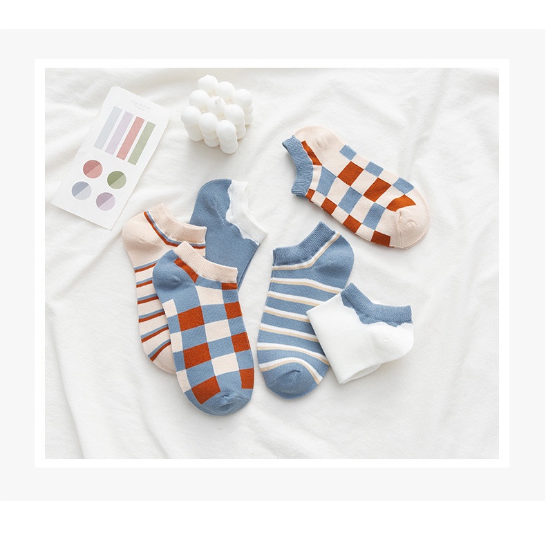 Vớ cotton Cổ Thuyền Kẻ Sọc Caro Màu Xanh Dương Dễ Thương Thời Trang Xuân Hè Cho Học Sinh