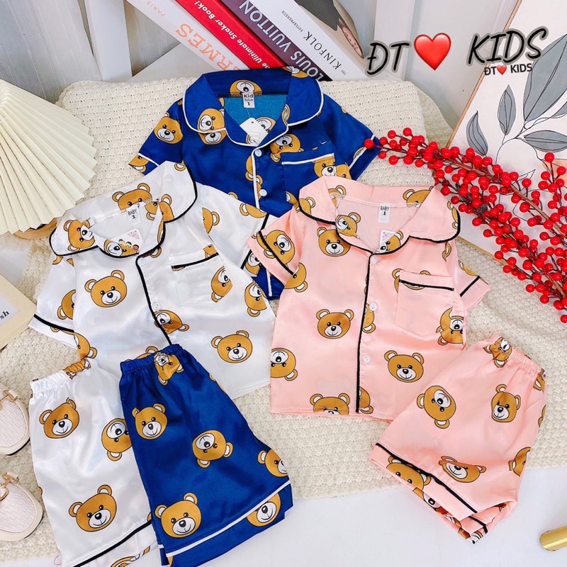 [SET CHO BÉ] Bộ pyjama gấu lụa satin siêu đẹp cho bé