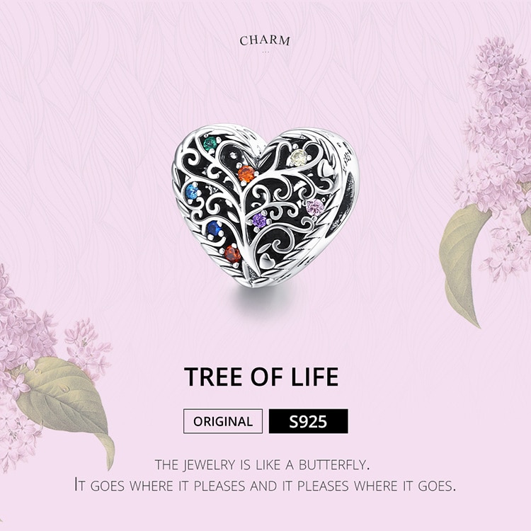 Hạt Charm Bamoer SCC1608 Trang Trí Vòng Đeo Tay Thủ Công Mặt Họa Tiết Hình Cây Sự Sống Đính Đá CZ Bằng Bạc 925