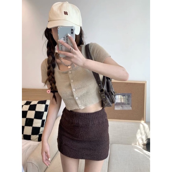 Set áo croptop chân váy body len bông
