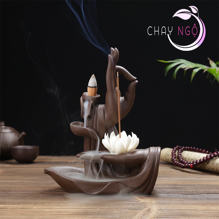 Thác khói Trầm Hương Bàn Tay Phật Cao Cấp - Thủ Ấn Tránh Ác Tarjani Mudra Hoa Sen - Thủ Ấn Nâu Đất