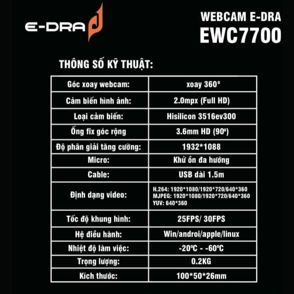 [Mã BMBAU50 giảm 7% đơn 99K] Webcam E-dra EWC7700 FullHD 1080p/ 30 FPS/ Góc nhìn 90 độ - Hàng chính hãng có bảo hành