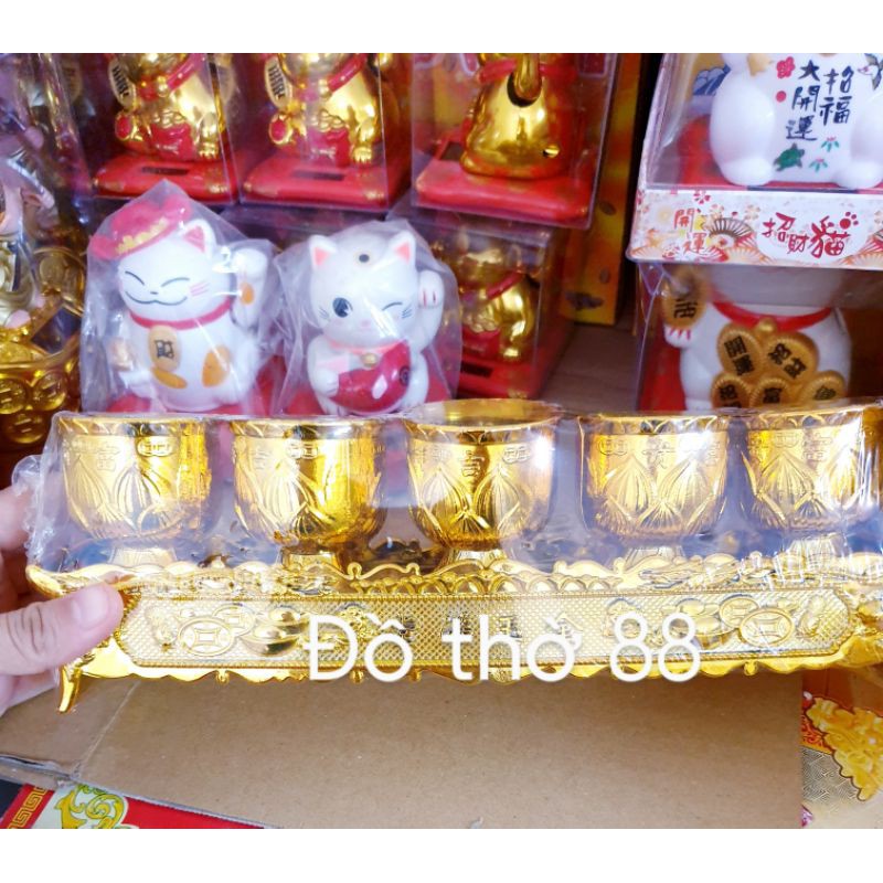 Khay 5 ly nhựa xi màu vàng để bàn thờ cúng