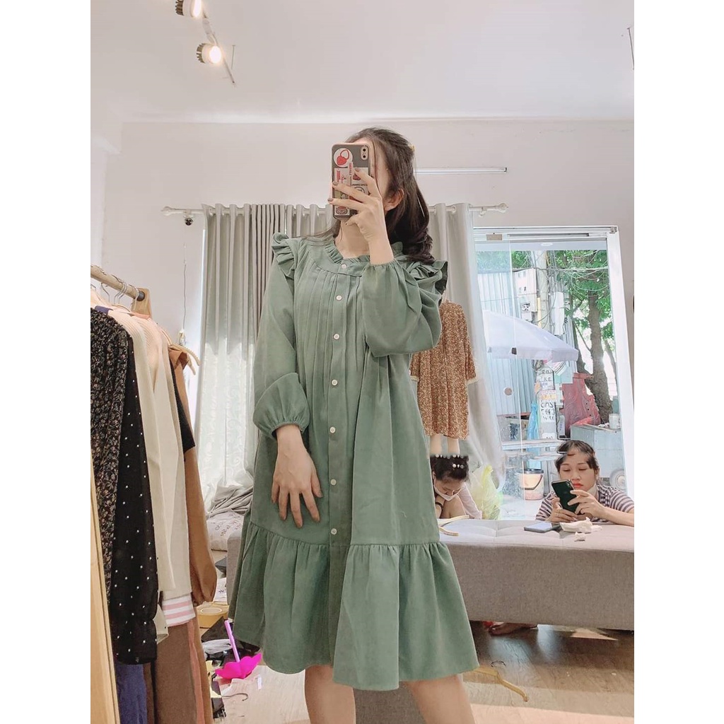 Váy bầu dài tay thời trang M447 chất nhung tăm freesize từ 45 đến 70kg