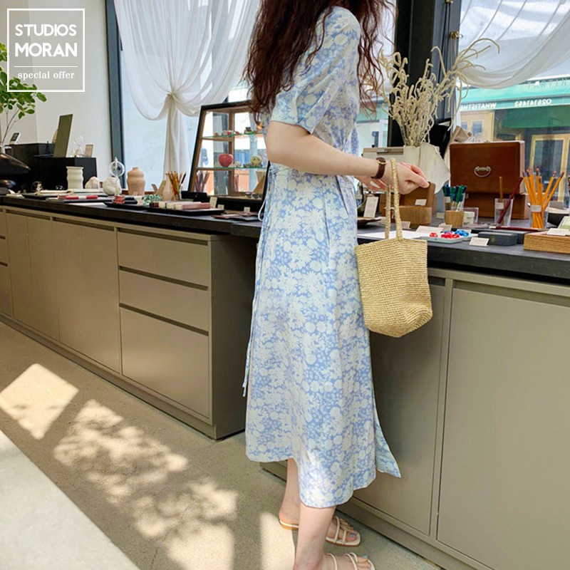 (ORDER) Váy MORAN hoa xanh tươi mát nhẹ nhàng cổ V thắt nơ eo vintage Hàn Quốc điệu đà