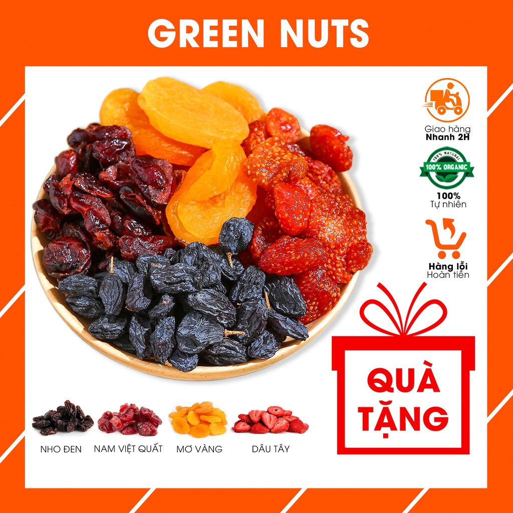 Trái cây sấy dẻo GREEN NUTS, hoa quả sấy đồ ăn kiêng giảm cân ăn vặt mẹ bầu MIX 4 vị Mơ,Dâu Tây,Nho Đen,Nam Việt Quất.