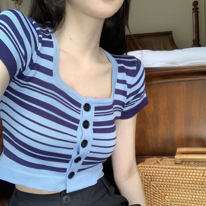 Áo Croptop Dệt Kim Cổ Vuông Thời Trang Cho Nữ
