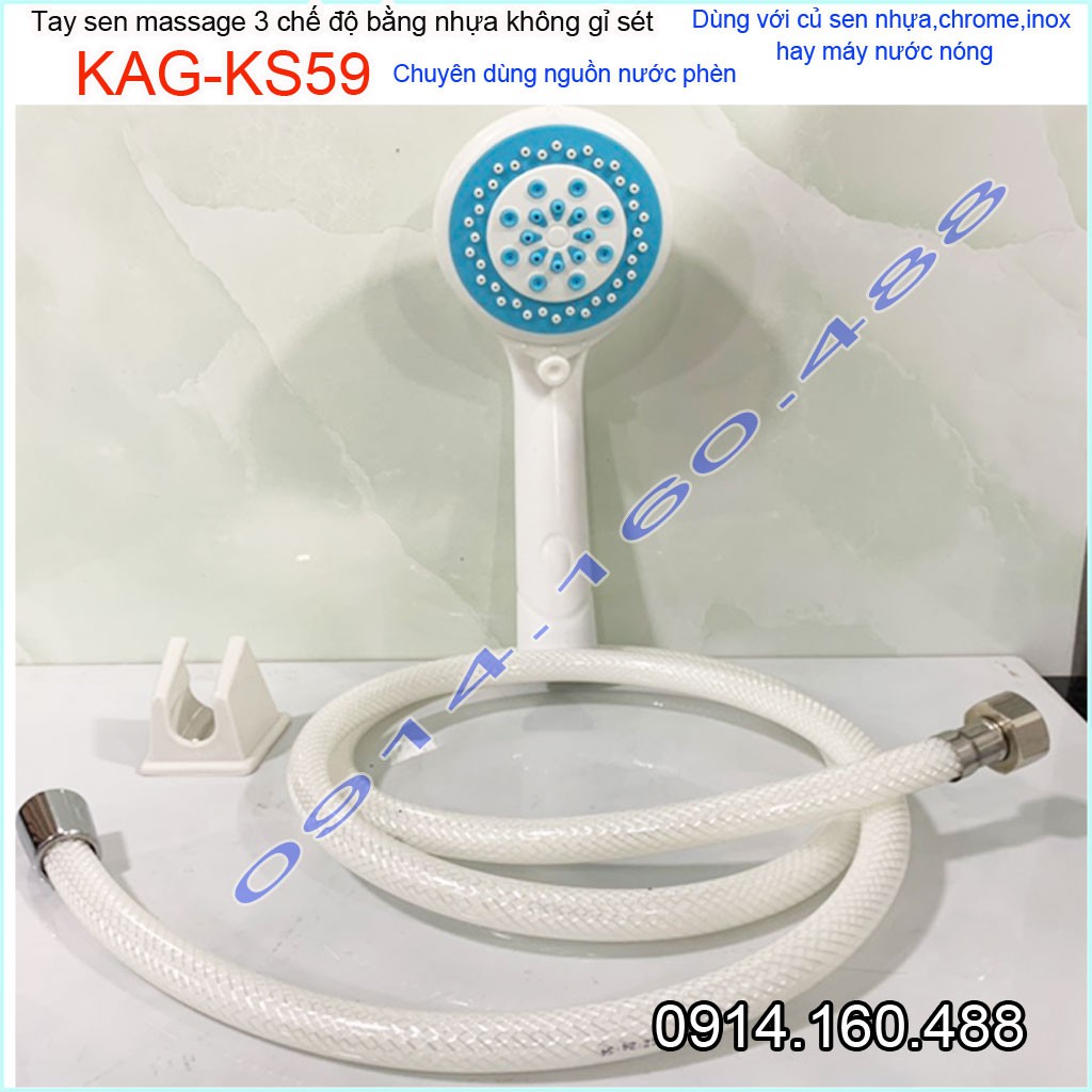 Vòi sen nhựa KAG-KS59 Shower head, trọn bộ bát sen nhựa 100% dùng vùng nước phèn không gỉ séc tia phun nước mạnh sử dụng