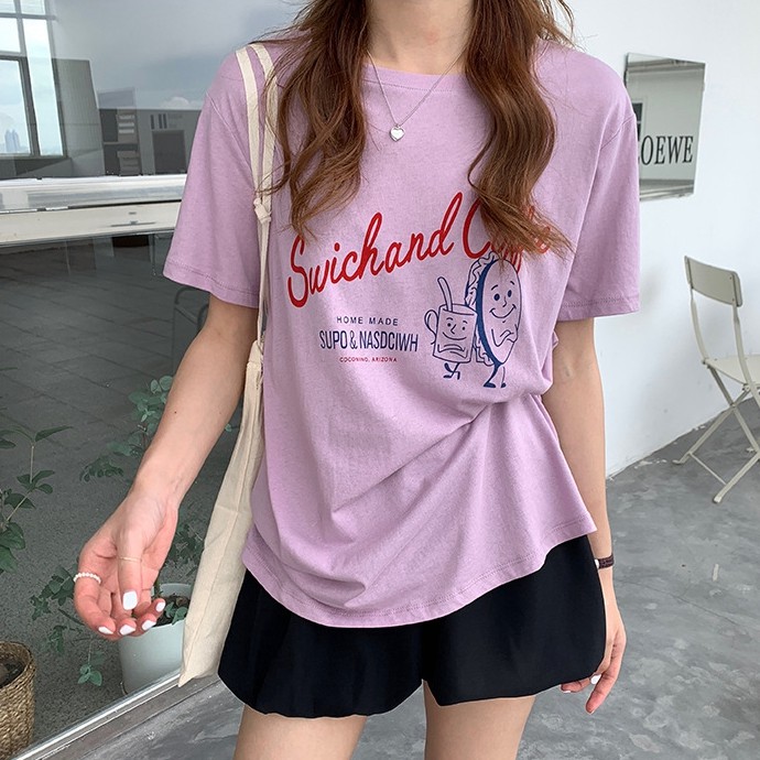 Cartoon Print Purple Short Sleeve Female T-shirt