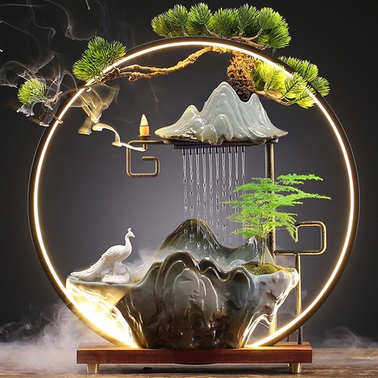 Bộ thác nước phong thủy hòn non bộ - Đài thưởng Trầm cao cấp có đèn Led, Tiên hạc, Hươu