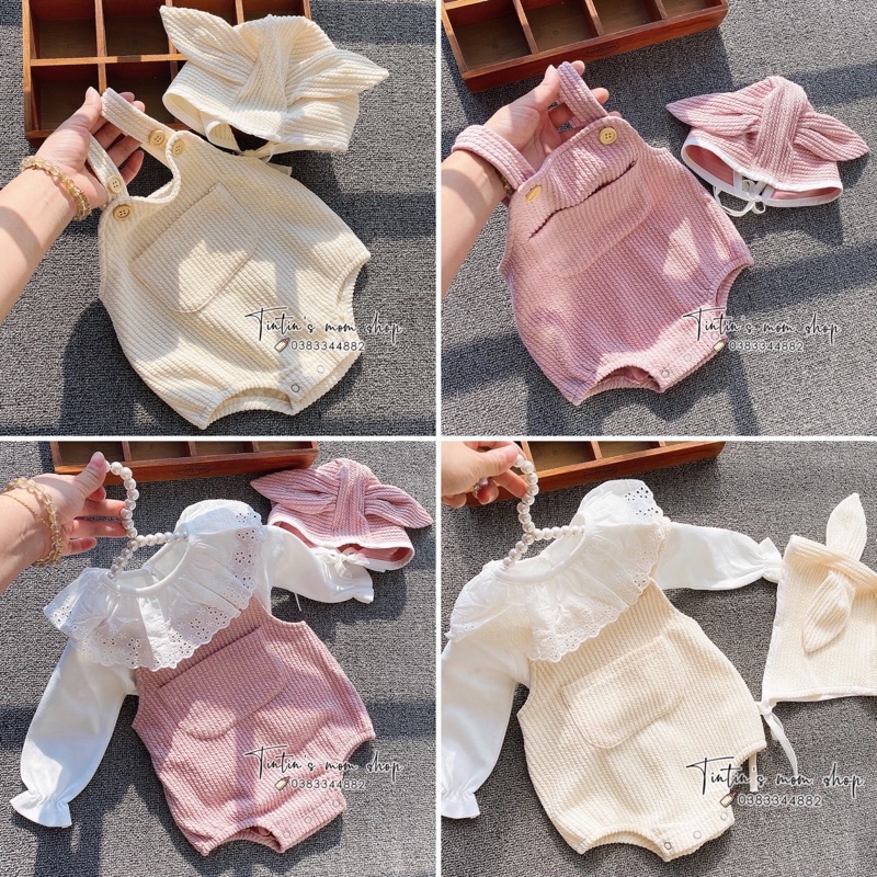 Set body yếm nhung kèm áo bèo trắng và mũ tai thỏ cho bé gái 3-24M