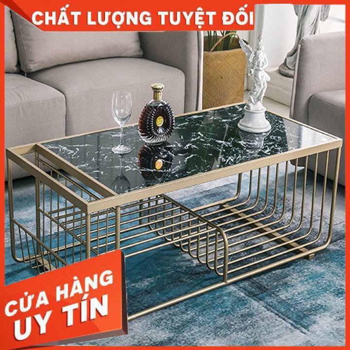 (Sang trọng) Bàn trà, bàn cà phê chân sắt mặt vân đá sơn tĩnh điện phòng khách BAH028