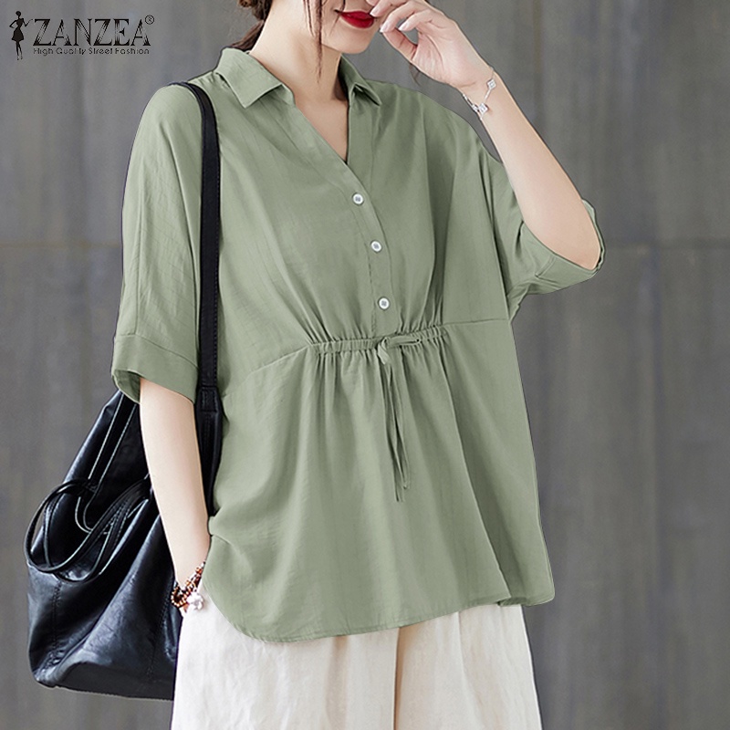 Áo sơ mi ZANZEA tay lửng cổ chữ v thời trang dành cho nữ