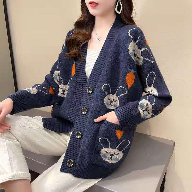 Áo Khoác Cardigan Dệt Kim Dáng Rộng In Hoạt Hình Dễ Phối Đồ Hợp Thời Trang