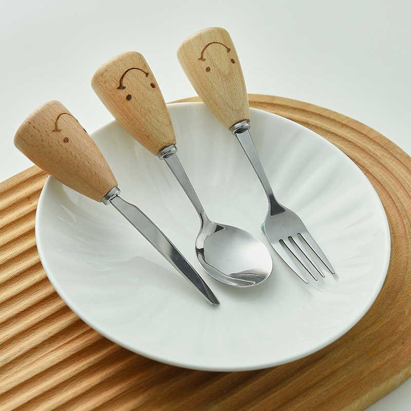Dụng cụ ăn bằng thép không gỉ tay cầm gỗ kiểu dáng xinh xắn
