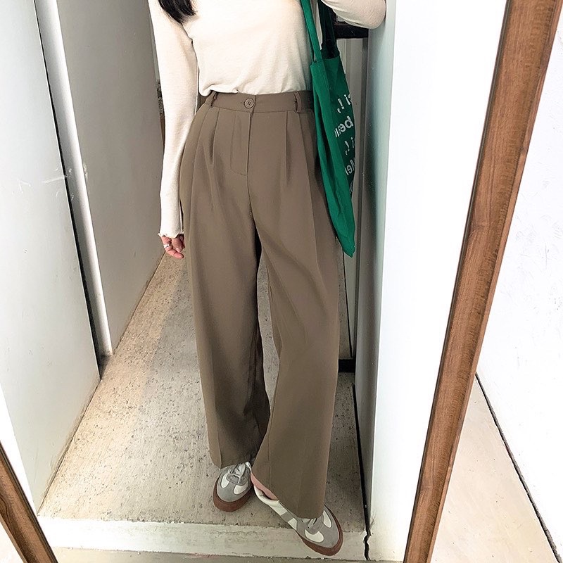 Urihouse - Quần tây nữ ống suông rộng dáng rũ màu nâu rêu cạp chun phía sau