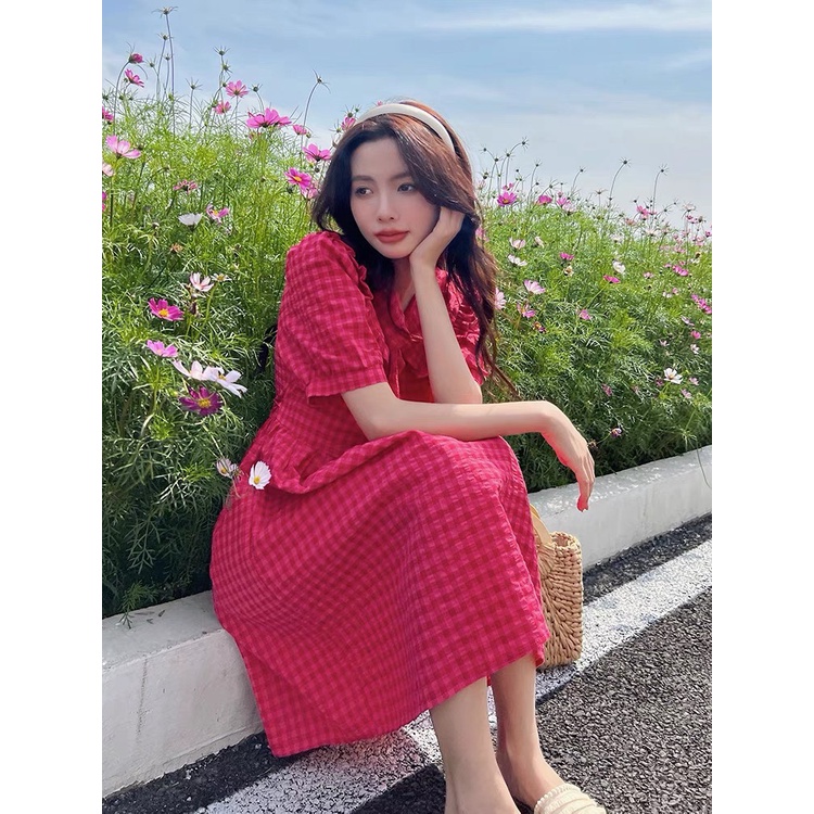 Váy kẻ cổ bèo cúc bọc,đầm dáng dễ mặc,cổ bèo xinh xinh đáng yêu, trẻ trung,chất thô mềm