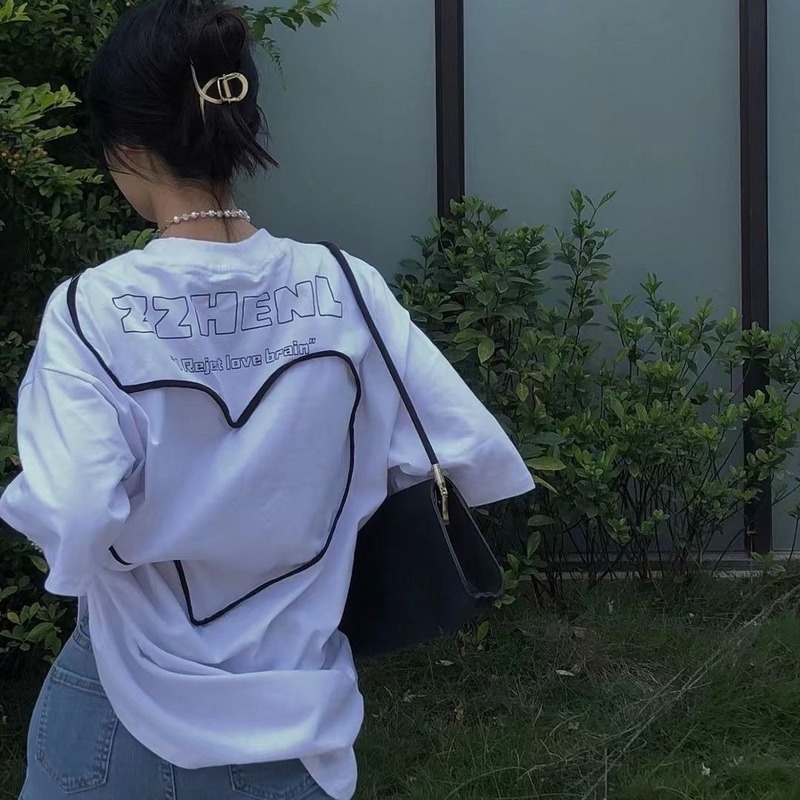 Áo Thun Tay Ngắn Dáng Rộng In Chữ Và Trái Tim Thời Trang Mùa Hè Mới Phong Cách Hàn Quốc Cho Nữ