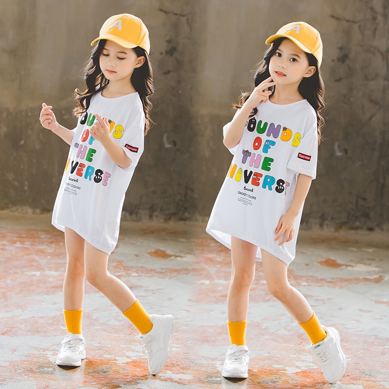 Áo phông dáng thụng - Áo váy trẻ em, đầm suông thun cotton in chữ cho bé gái từ 8 đến 20 kg, SUN KIDS