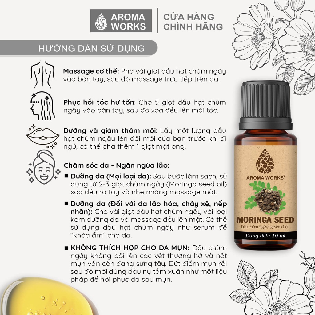 Dầu hạt Chùm ngây Aroma Works Organic moringa seed oil cấp ẩm, sáng da, mờ nám, mờ nếp nhăn