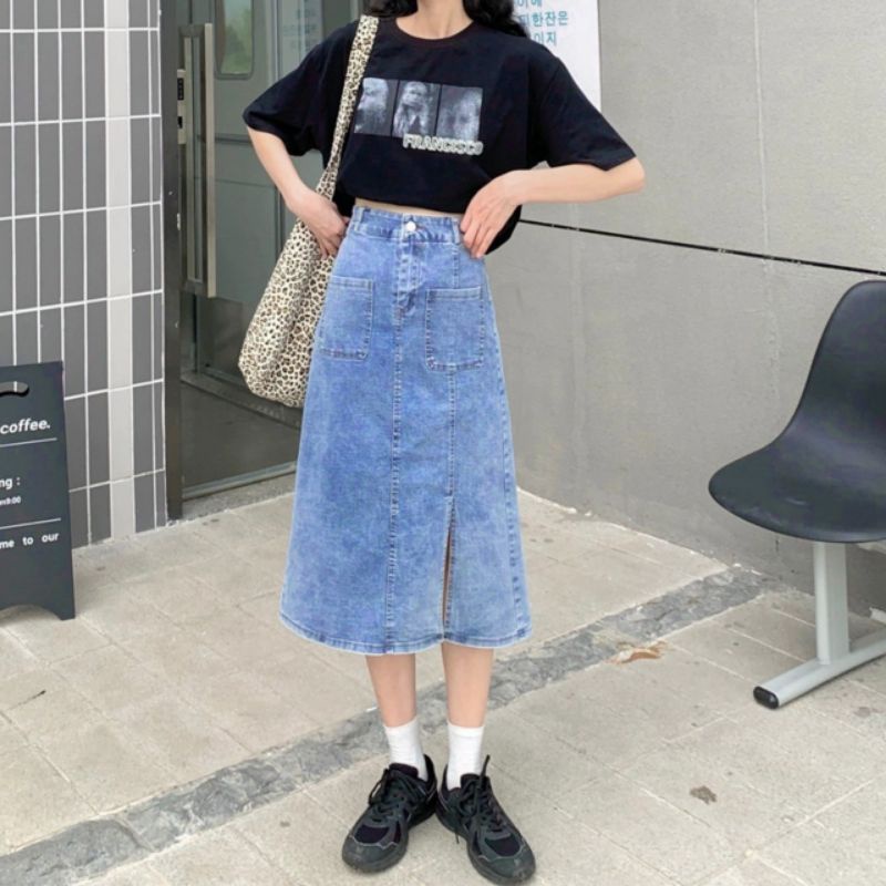 Chân Váy Jeans Dáng Dài Cạp Cao Xẻ Gấu Phong Cách Ulzzang C3