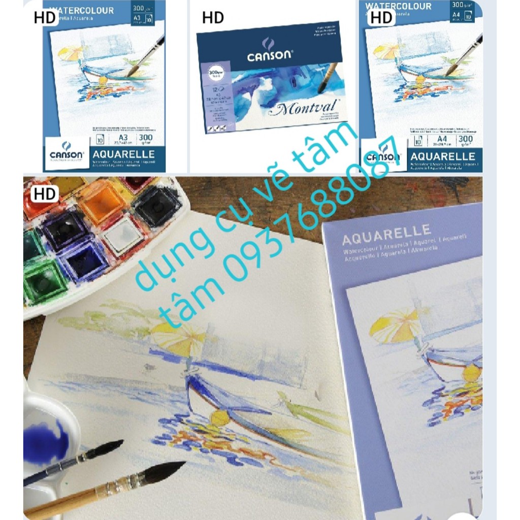 [ TÂM TÂM ]-Sổ vẽ màu nước Aquarelle, Montval, Canson Pháp, Giấy vẽ màu nước-
