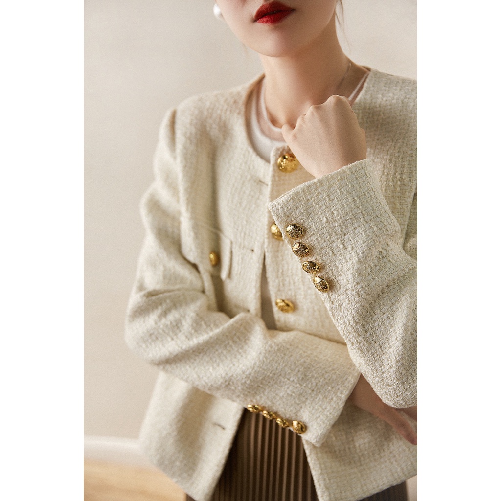 Áo Dạ Tweed Trắng Cổ Tròn Hàng Thiết Kế Thương Hiệu Quynh Design