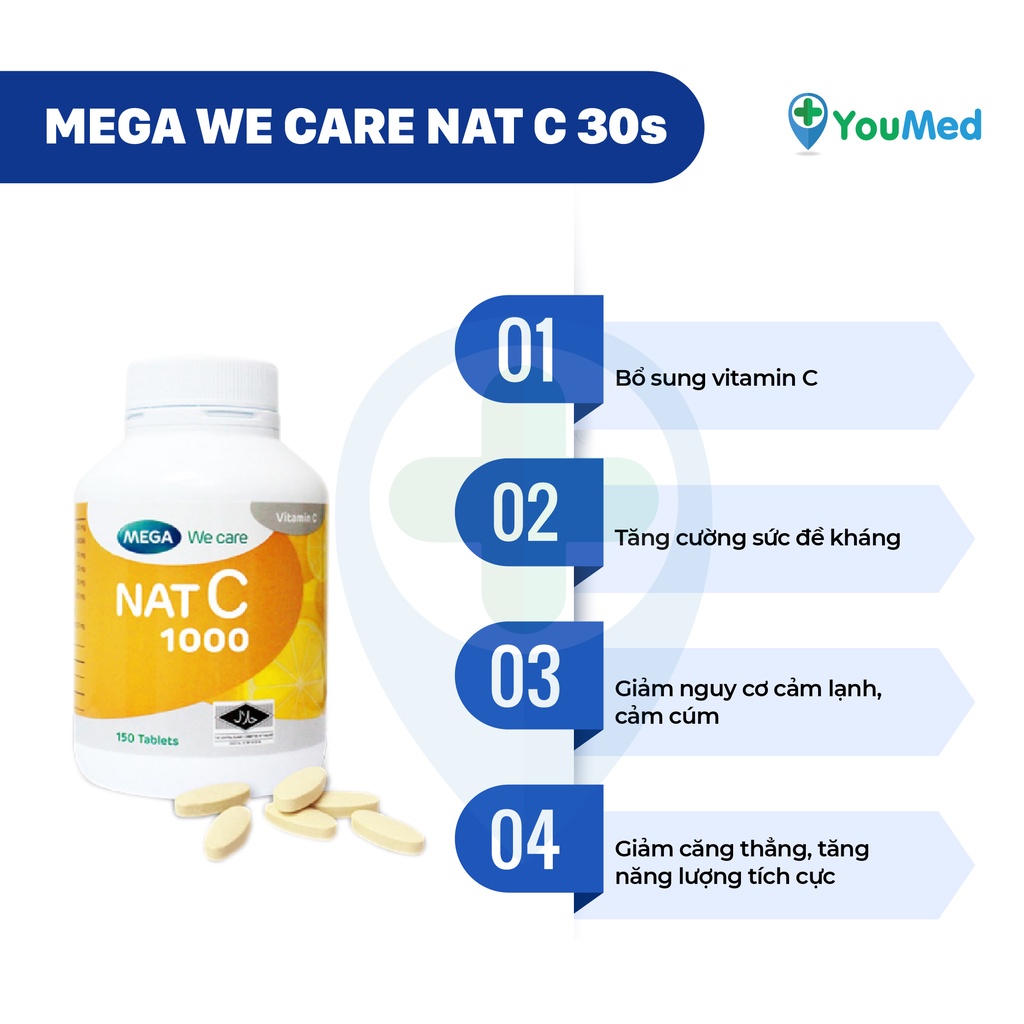 Viên Uống Nat C 1000 Mega We Care  - Bổ Sung Vitamin C, tăng cường đề kháng, phục hồi sau bệnh