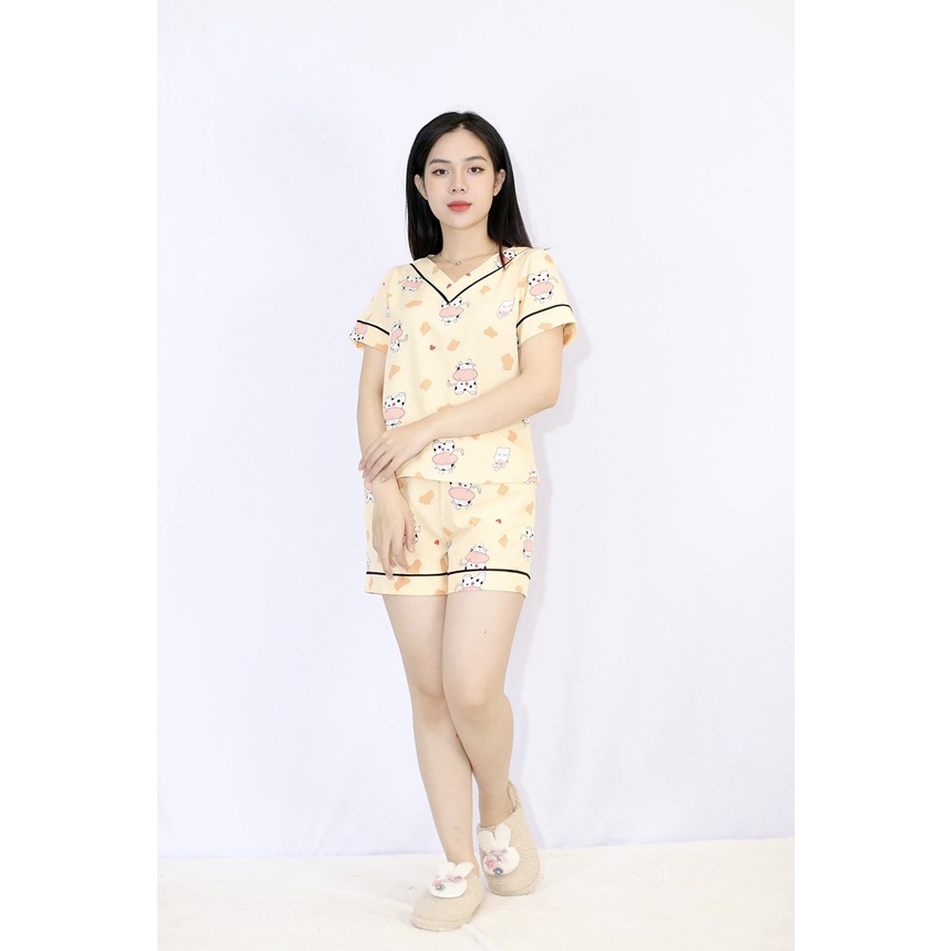 Bộ đồ bộ Pijama D13 VÀNG NHẠT BÒ SỮA CỔ TIM tay ngắn quần ngắn - Lụa 108 - Thoải Mái Nhẹ Nhàng