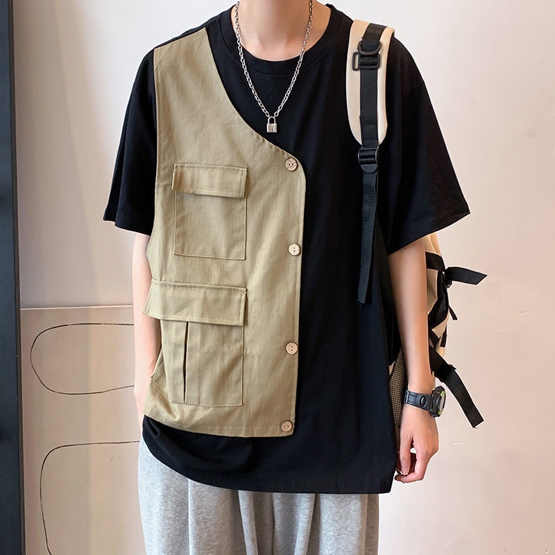 Áo Thun Ngắn Tay Giả Hai Lớp Phối Túi Phong Cách Hàn Quốc Dành Cho Nam