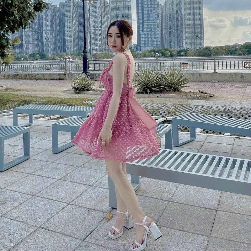 Đầm 2 dây nơ lưng chất xô hạt phong cách ngọt ngào