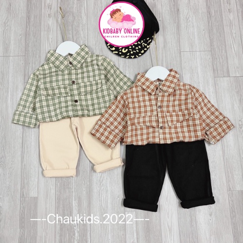 Bộ sơ mi quần kaki cho bé trai từ 1-5 tuổi- Set sơ mi cho bé trai - Bộ quần áo bé trai đi chơi Kidbabyonline K142