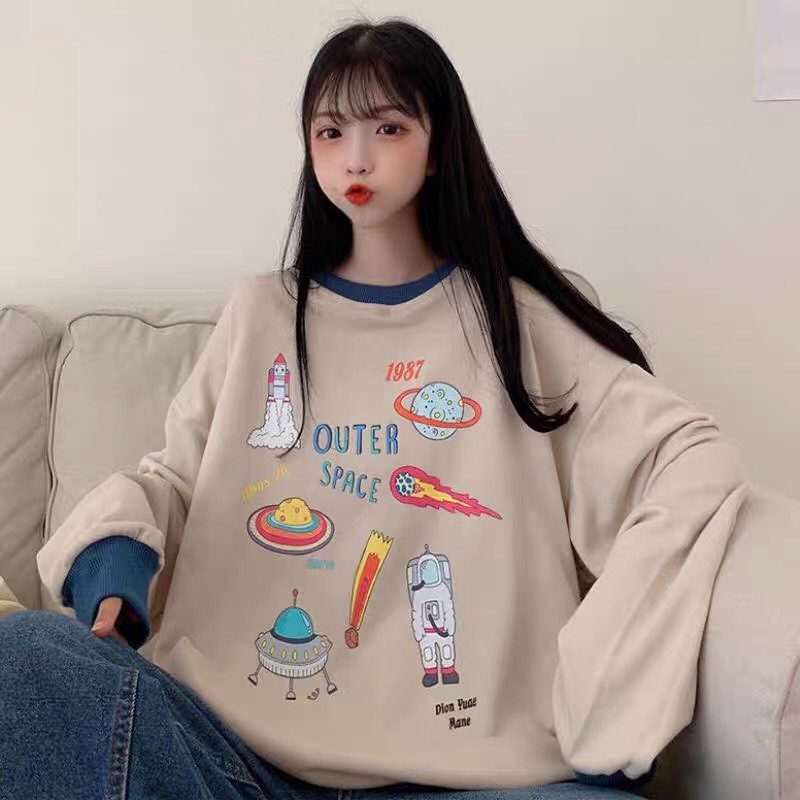 Áo sweater nỉ unisex form rộng phối 1987 Space nam nữ phong cách ulzzang Wind