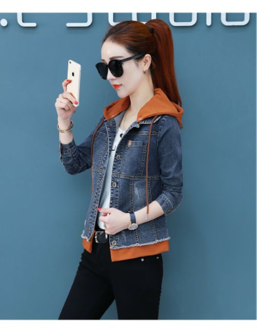 Hàng nhập - Áo khoác jean nữ có mũ phối viền