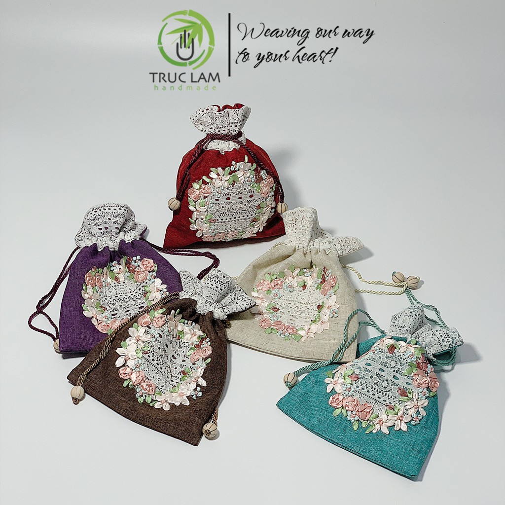 Túi Rút Thêu Ruy Băng Họa Tiết Hoa Phối Ren - Trúc Lâm Handmade