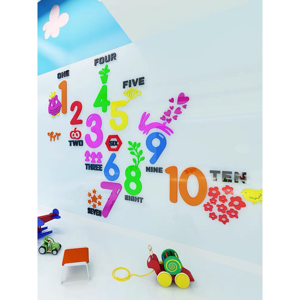 Decal dán tường mica 3D bảng số sắc màu cho bé học số, học tiếng anh, trang trí lớp học tiếng anh.