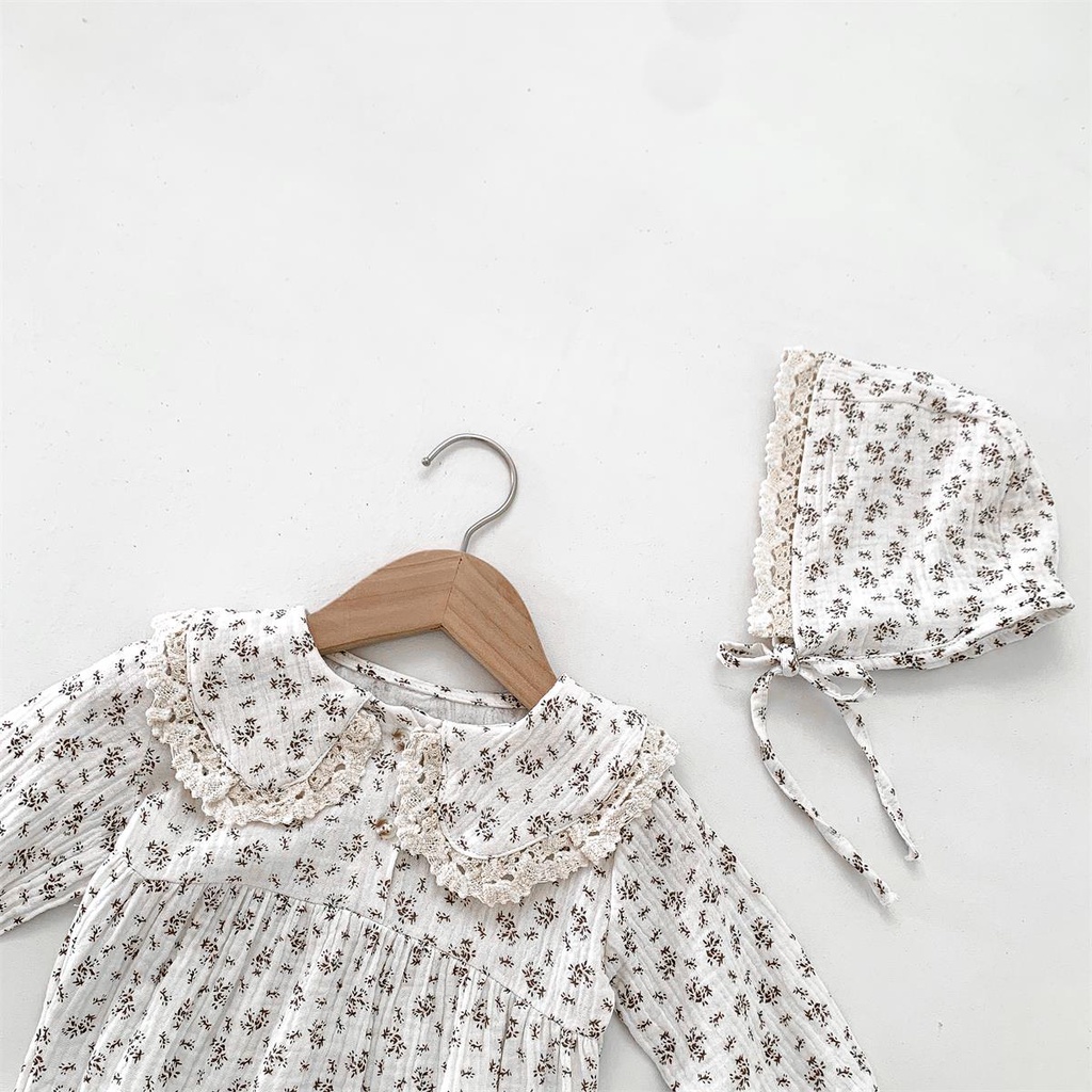 Bộ Áo Liền Quần Tay Dài Cổ Búp Bê + Mũ Vải Cotton In Hoa Xinh Xắn Cho Bé Gái Từ 0-2 Tuổi