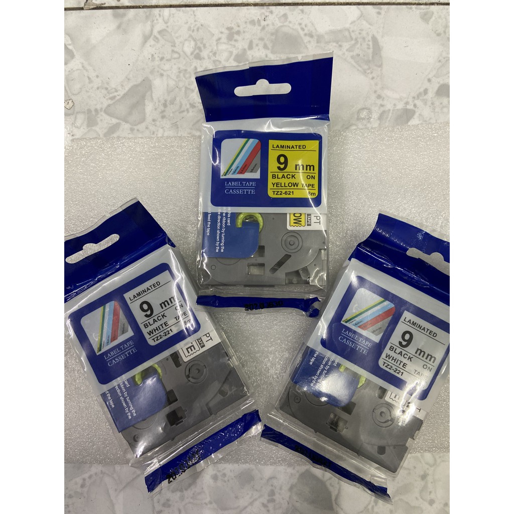 Băng In Nhãn Tz2-221 chữ đen nền vàng rộng 9mm dài 8m Cho Máy In Brother P-Touch PT-E100, PT-E110, PT-E300VP, PT-E500V