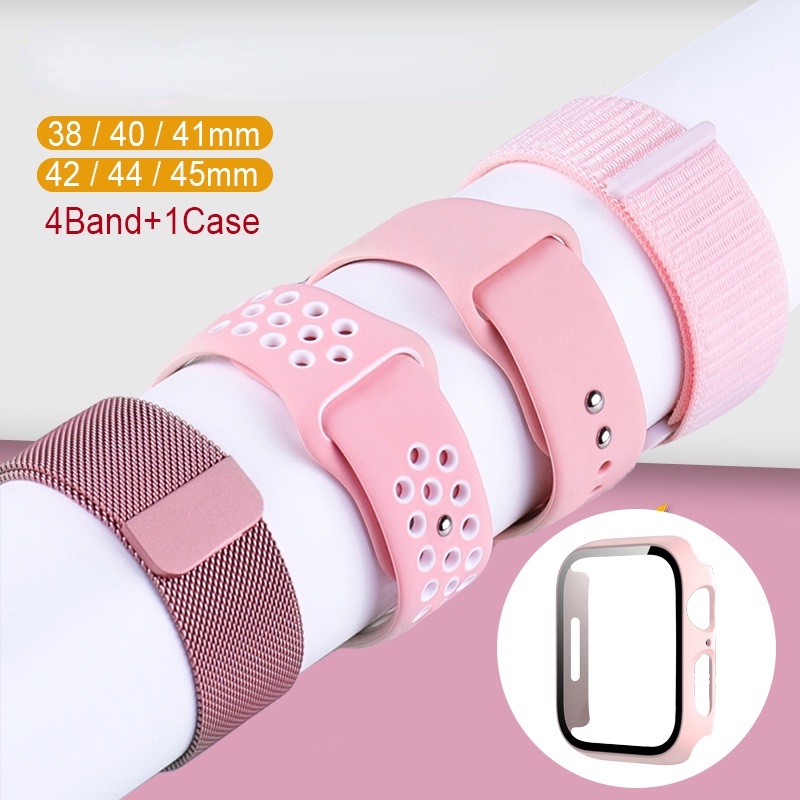 Bộ Dây Đeo + Kính Cường Lực 5 Trong 1 Bằng Silicon Cho iWatch 44mm 40mm 45mm 41mm 38mm 42mm 45mm 41mm 38mm 42mm