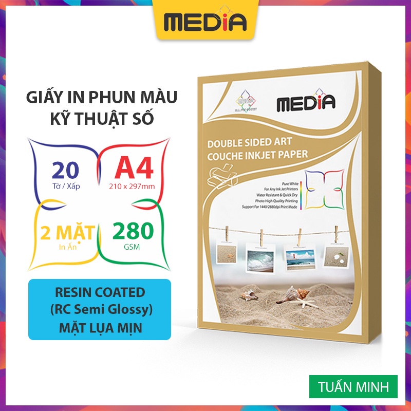 Giấy In Phun Màu Media Inkjet 2 Mặt Lụa Mịn (Resin Coated Semi Glossy), A4 280gsm 20 Tờ, Dùng Cho Tất Cả Máy In Phun Màu