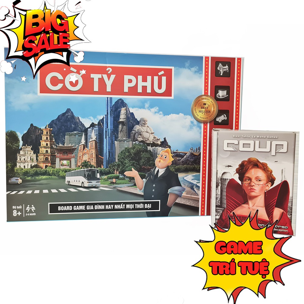 [COMBO 2 IN 1] Trò chơi Board game trí tuệ hay nhất Cờ tỷ phú Monopoly tiếng Việt + Bộ thẻ bài Coup Việt hóa chức năng