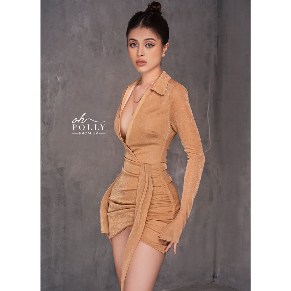 Oh Polly - Đầm thiết kế đầm dự tiệc V tay dài trễ sâu, ôm body sexy cổ sơ mi