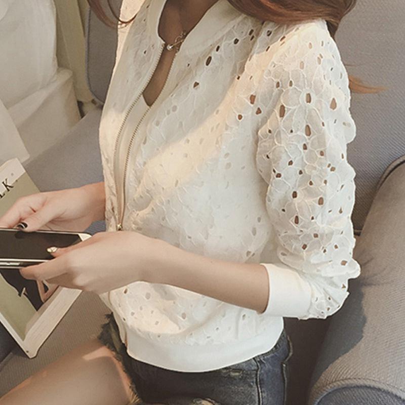 Áo khoác bomber mỏng thiết kế lỗ rỗng tay dài phối ren chống tia UV thời trang cho nữ