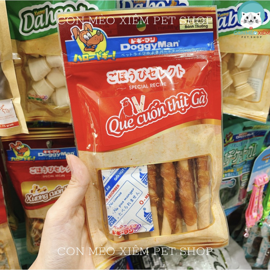 Que gặm cho chó cuộn thịt gà Doggyman 20 cây mini 10 cây dài, snack cún sạch răng Con Mèo Xiêm