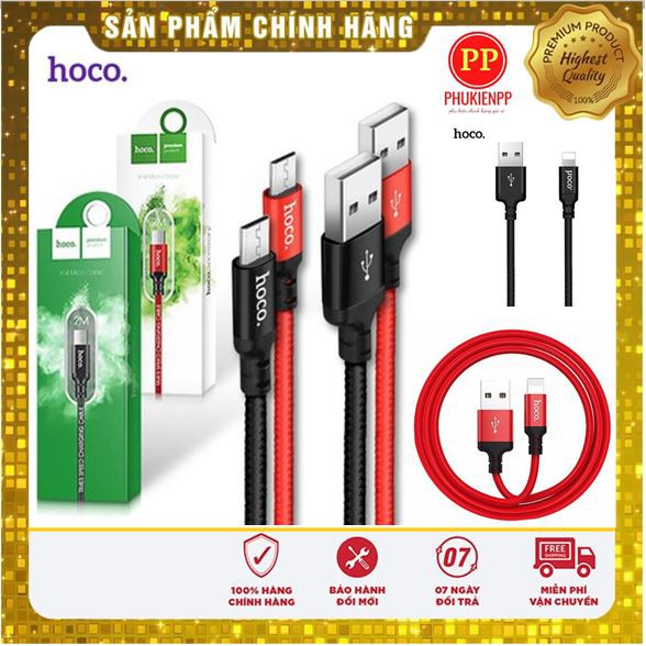 Dây sac/ cáp sạc dài 2m Hoco X14 loại 1 đầu dài 2m có bọc dù chống đứt, đủ 3 loại cổng sạc androi/ iphone