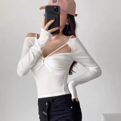 Áo croptop nữ dài tay HAGA áo khoét ngực luồn dây ALDN60