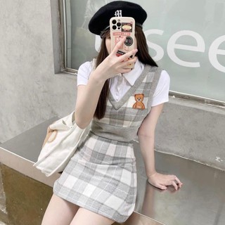 Set áo 3 món xinh xắn 💖FREESHIP💖 áo polo kèm áo gile mix chân váy chữ A AD99
