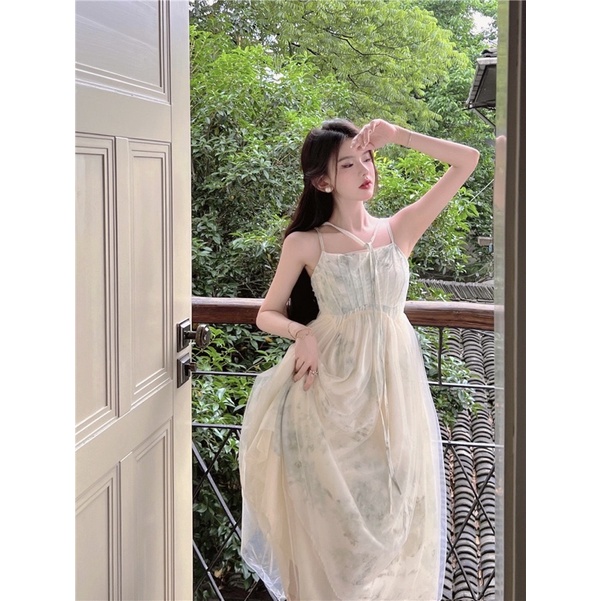 Váy 2 Dây Lưới Dáng Dài Xoè Màu Loang Tiểu Thư