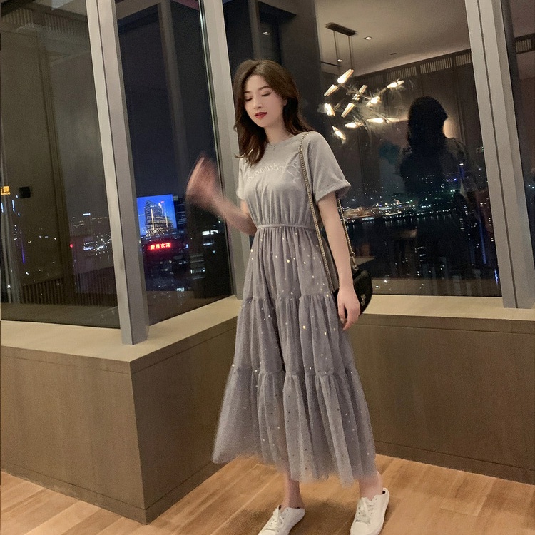 Đầm Dài Qua Gối Phối Lưới Eo Đính Kim Sa Lấp Lánh Kiểu Hàn Quốc Xinh Xắn Cho Nữ