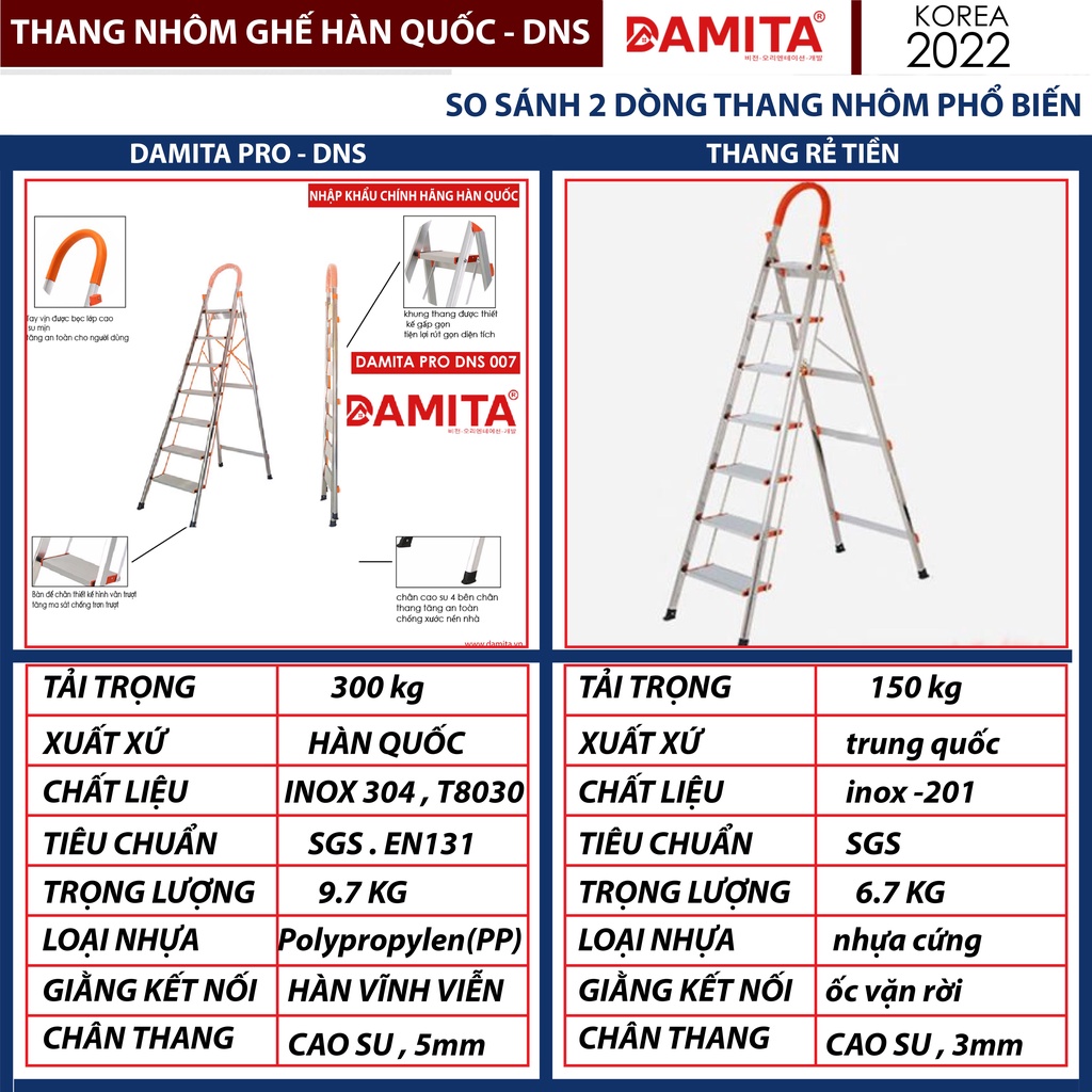 Thang Nhôm Ghế  Tay Vịn 3 4 5 6 7 Bậc DAMITA Hàn Quốc 7.4 Kg , inox 304  Có Video Thực Tế Tự quay. Cực Kỳ chắc chắn